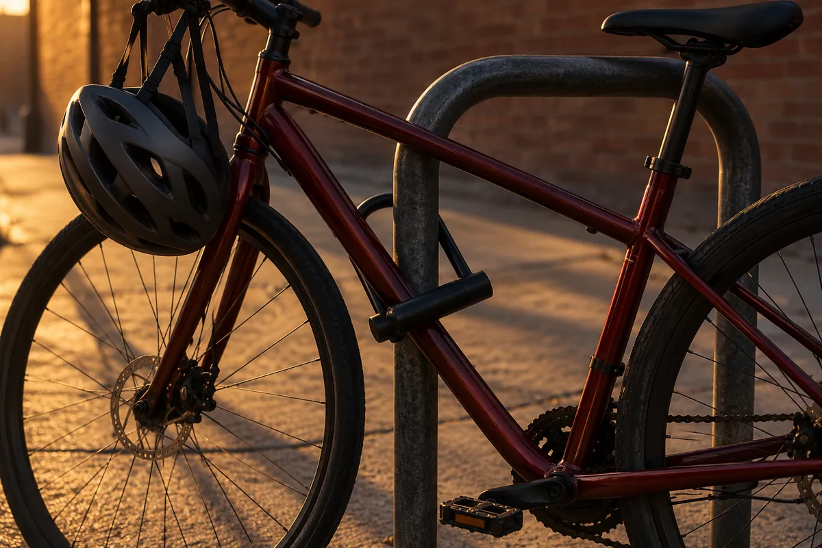 Burgundy bicycle secured to a metal rack with a U-lock, with a helmet hanging from the handlebars.