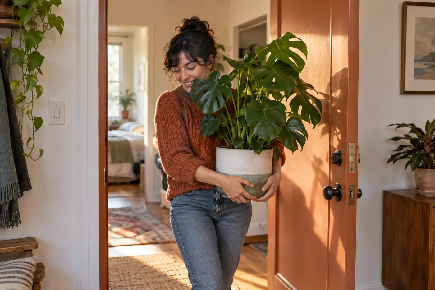 A renter carries a leafy potted plant through an open terracotta-colored apartment door.