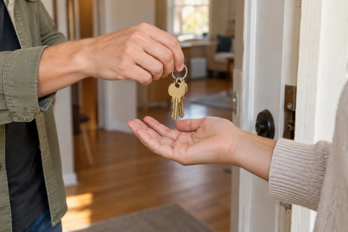 Two people's hands exchanging brass keys at an open apartment doorway.