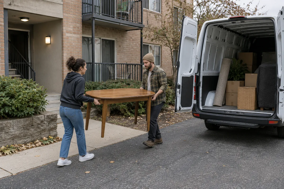 Two adults carry a wooden table toward an open moving van outside an apartment building.