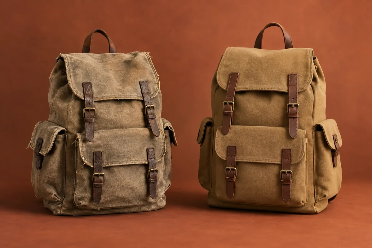 Worn and new tan canvas backpacks standing side by side against a rust-colored background.